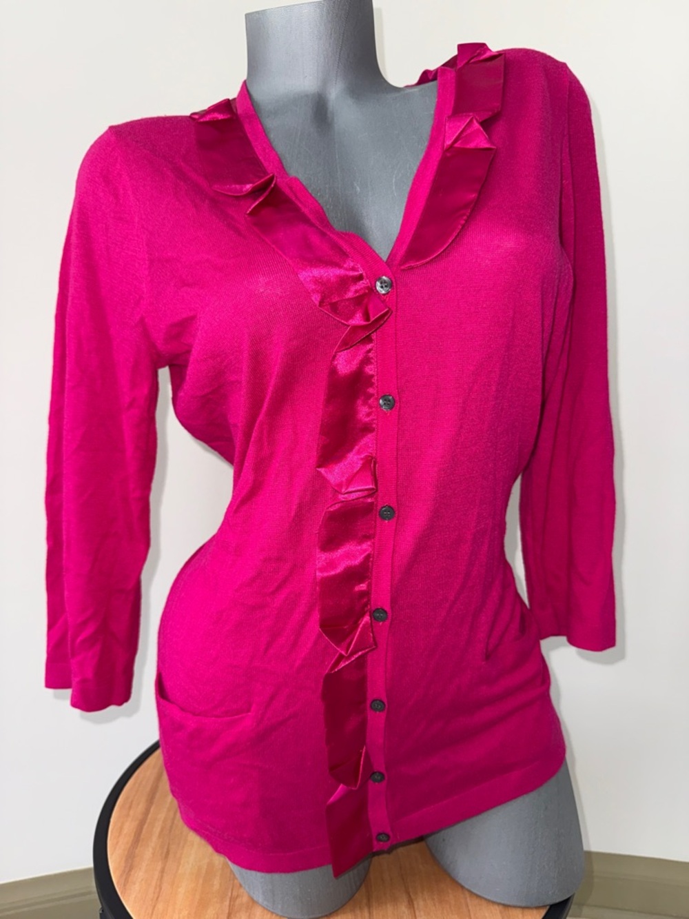 T Tahari Fuchsia Satin-Trim Button Front woman’s Cardigan small